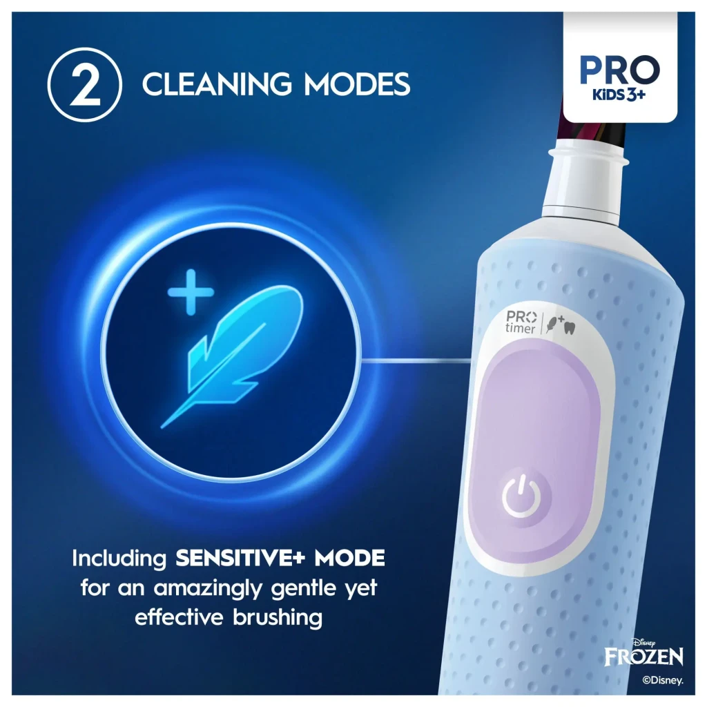 Oral-B Vitality PRO Kids Frozen Multicolor azul, vista frontal: mango azul con Elsa y Olaf, botón morado y base blanca - Ítem2