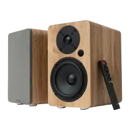 Vulkkano A5 ARC MKII Marron, vue de face 3/4: enceinte active bois avec tweeter, woofer et télécommande