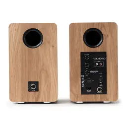 Vulkkano A5 ARC MKII Marron, vue arrière: panneau de connexions avec USB-C, optique, ARC et port SPK IN en finition bois