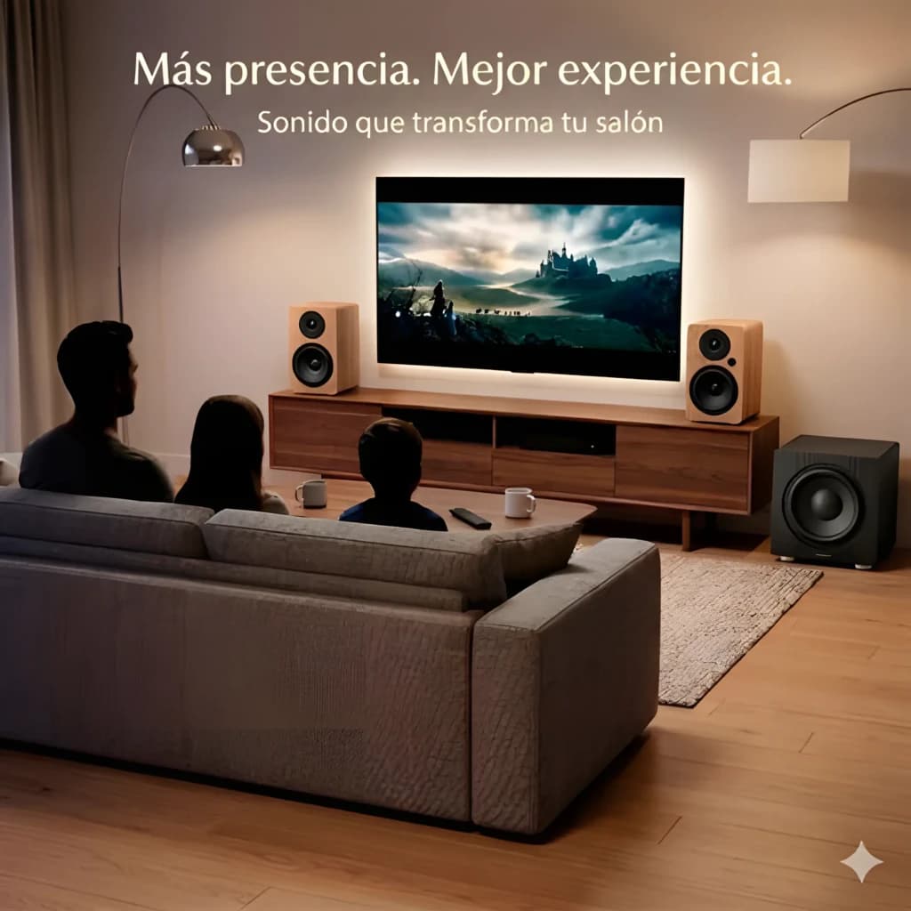 Vulkkano A5 ARC MKII Noir Marron, scène salon: enceintes encadrant la TV et caisson noir près du canapé