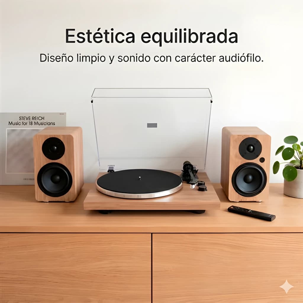 Vulkkano A5 ARC MKII Noir Marron, scène: enceintes bois encadrant platine vinyle sur meuble bois clair