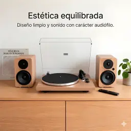 Vulkkano A5 ARC MKII Noir Marron, scène: enceintes bois encadrant platine vinyle sur meuble bois clair