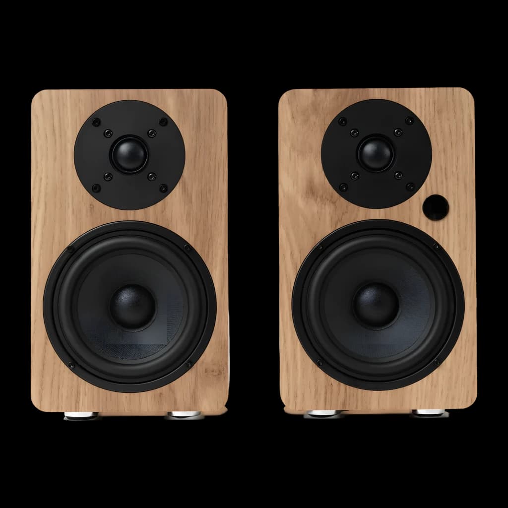 Vulkkano A5 ARC MKII Marron, vue de face paire: deux enceintes avec caisson en bois, tweeter et woofer noirs visibles