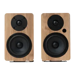 Vulkkano A5 ARC MKII Marron, vue de face paire: deux enceintes avec caisson en bois, tweeter et woofer noirs visibles