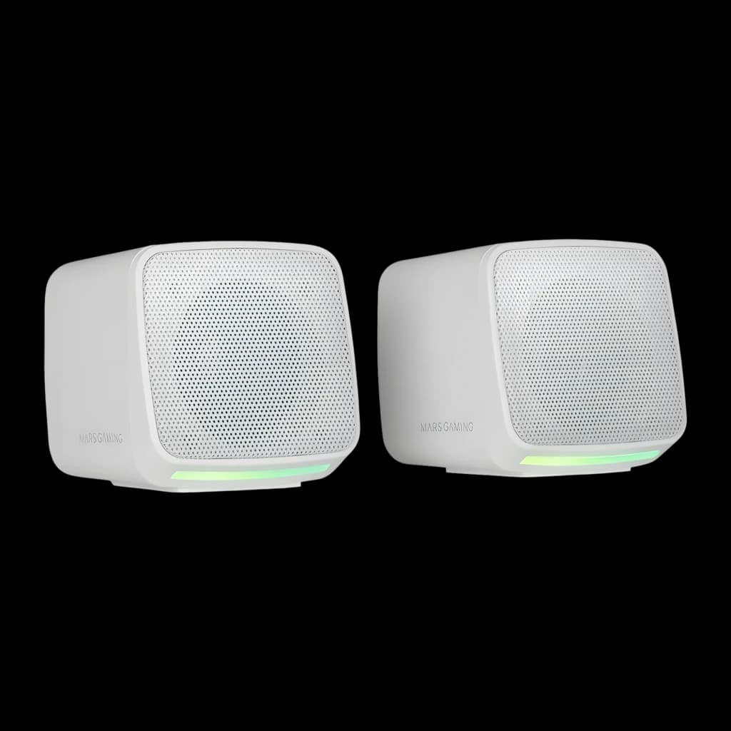 Mars Gaming MS-PRO 10W RGB branco, vista frontal em ângulo: dois altifalantes brancos com grelha metálica e luz RGB verde na