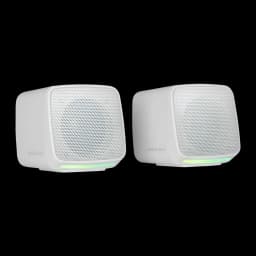 Mars Gaming MS-PRO 10W RGB branco, vista frontal em ângulo: dois altifalantes brancos com grelha metálica e luz RGB verde na