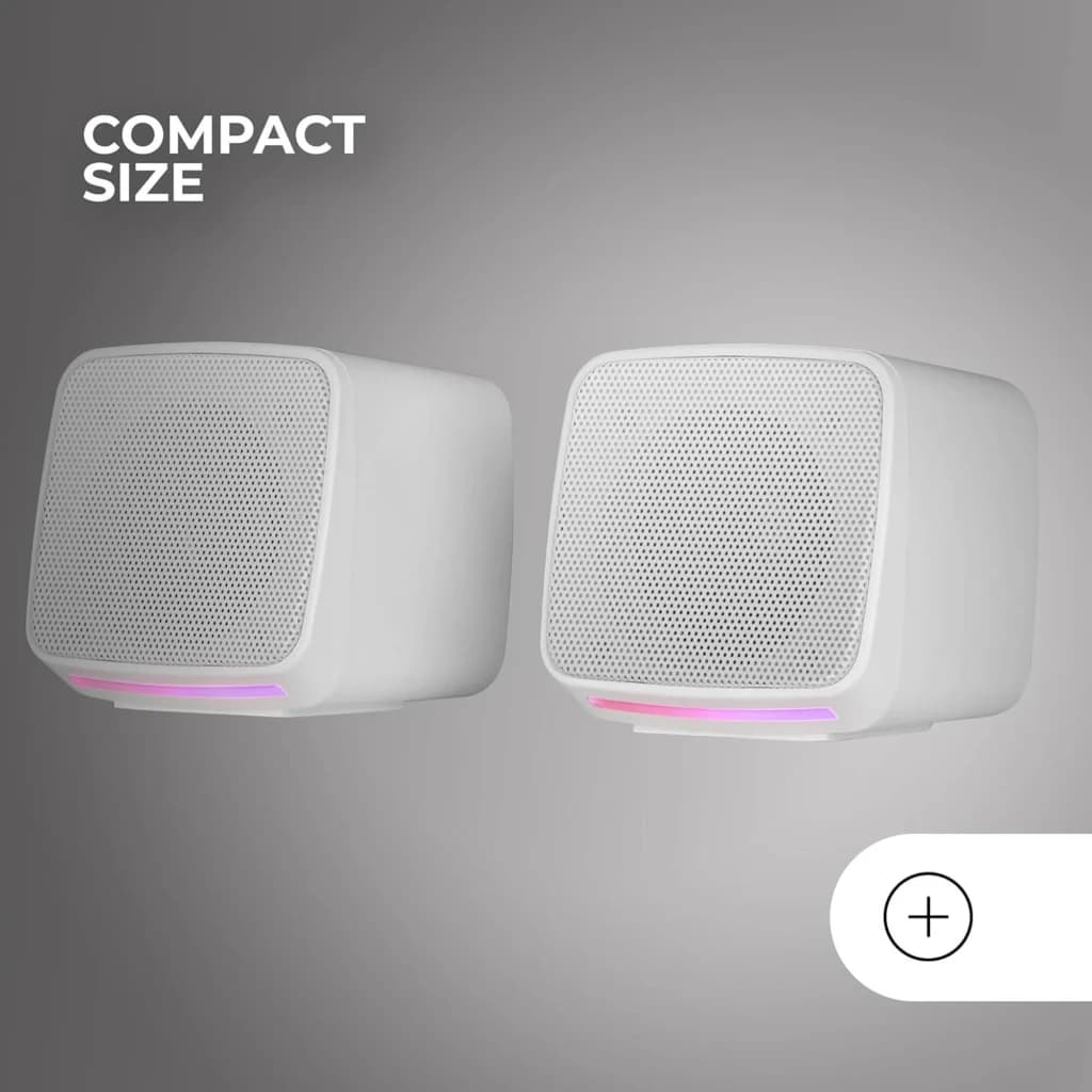 Mars Gaming Colunas MS-PRO 10W RGB Branco, vista frontal: dois altifalantes compactos brancos com grelha e luz RGB rosa na