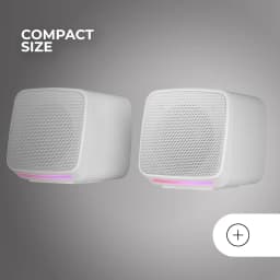 Mars Gaming Colunas MS-PRO 10W RGB Branco, vista frontal: dois altifalantes compactos brancos com grelha e luz RGB rosa na