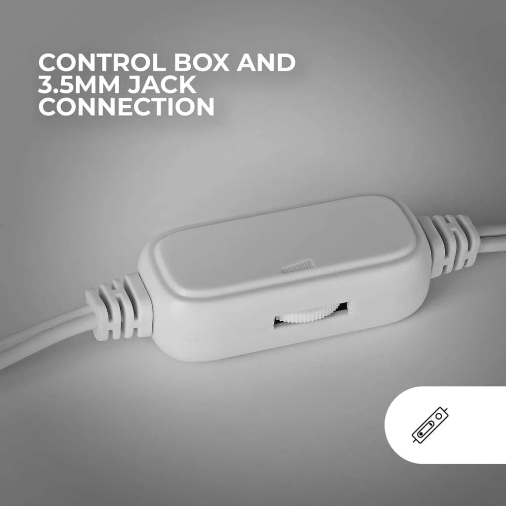 Mars Gaming Colunas MS-PRO 10W RGB Branco, detalhe: caixa de controlo em linha branca com roda de volume e ligação jack 3.5mm