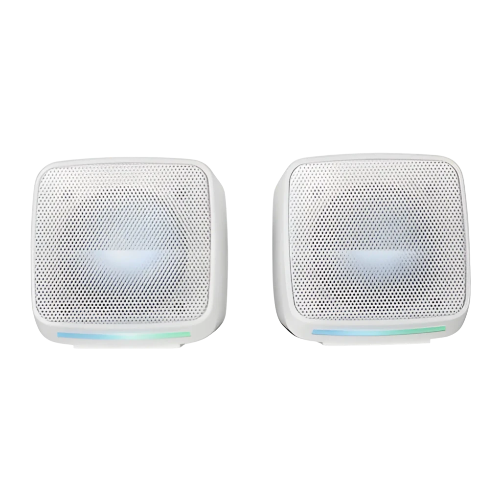 Mars Gaming MS-PRO 10W RGB branco, vista frontal em ângulo: dois altifalantes brancos com grelha metálica e luz RGB verde na - Item4