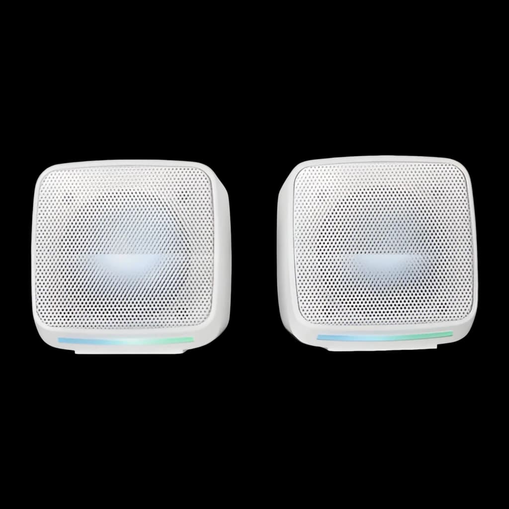 Mars Gaming MS-PRO 10W RGB branco, vista frontal: dois altifalantes com grelha metálica e iluminação RGB na base