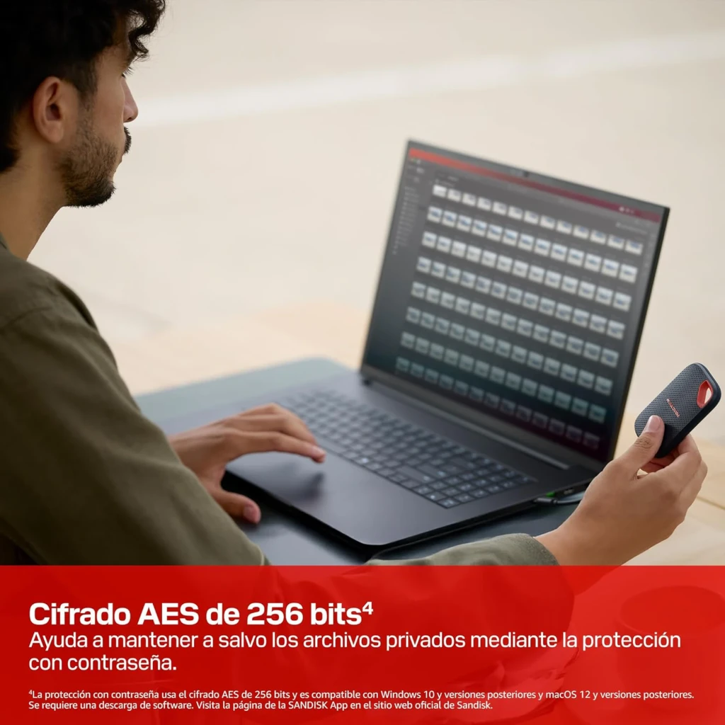 SanDisk Extreme Portable V3 SSD 2TB azul, vista frontal: superfície texturizada com logótipo vermelho e alça vermelha - Item5