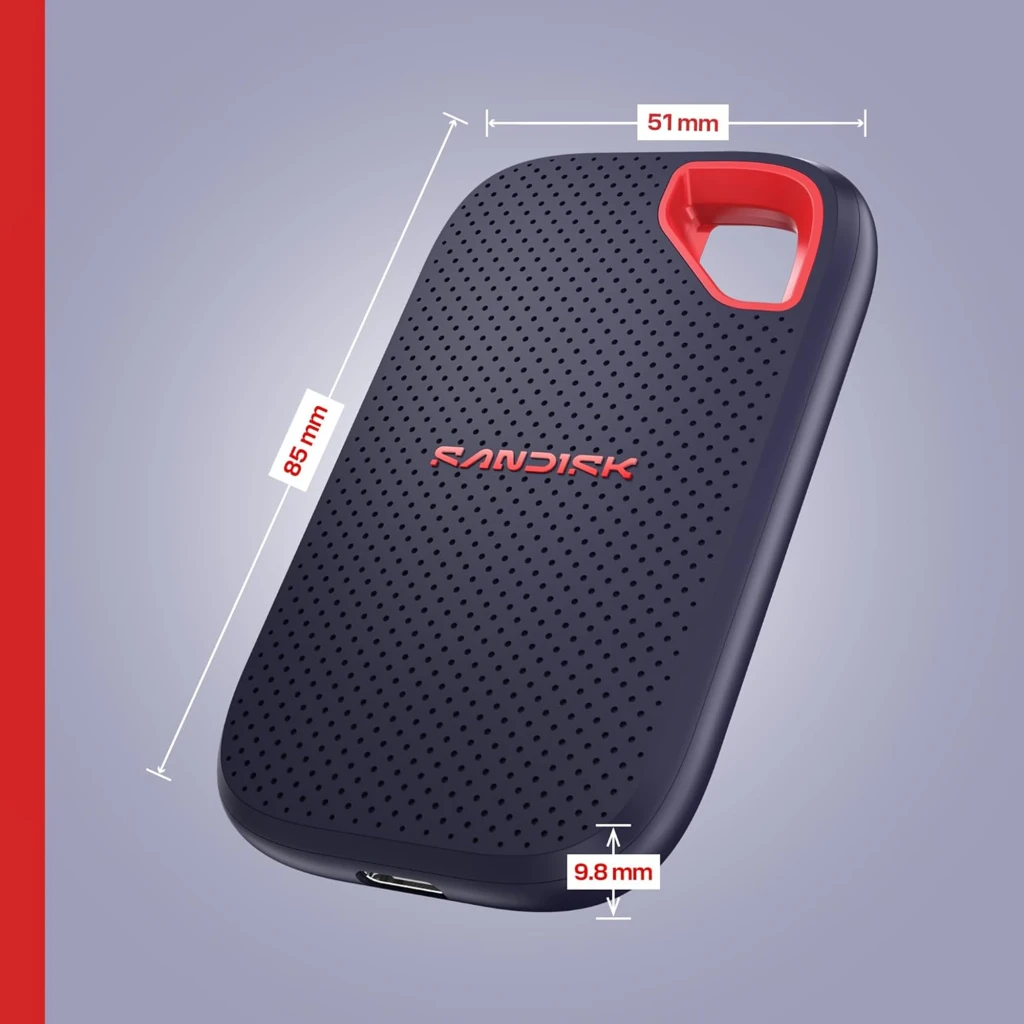 SanDisk Extreme Portable V3 SSD 2TB azul, vista frontal: superfície texturizada com logótipo vermelho e alça vermelha - Item6