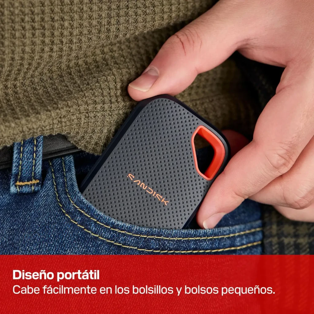 SanDisk Extreme Portable V3 SSD 2TB azul, vista frontal: superfície texturizada com logótipo vermelho e alça vermelha - Item4