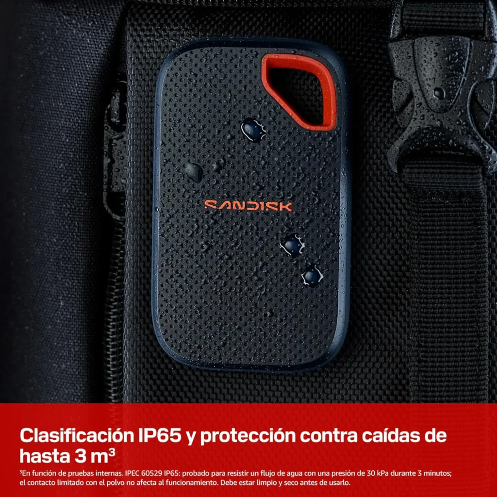 SanDisk Extreme Portable V3 SSD 2TB azul, vista frontal: superfície texturizada com logótipo vermelho e alça vermelha - Item2