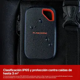 SanDisk Extreme Portable V3 IP65 2TB preto, vista frontal: SSD com gotas de água sobre mochila, resistência IP65