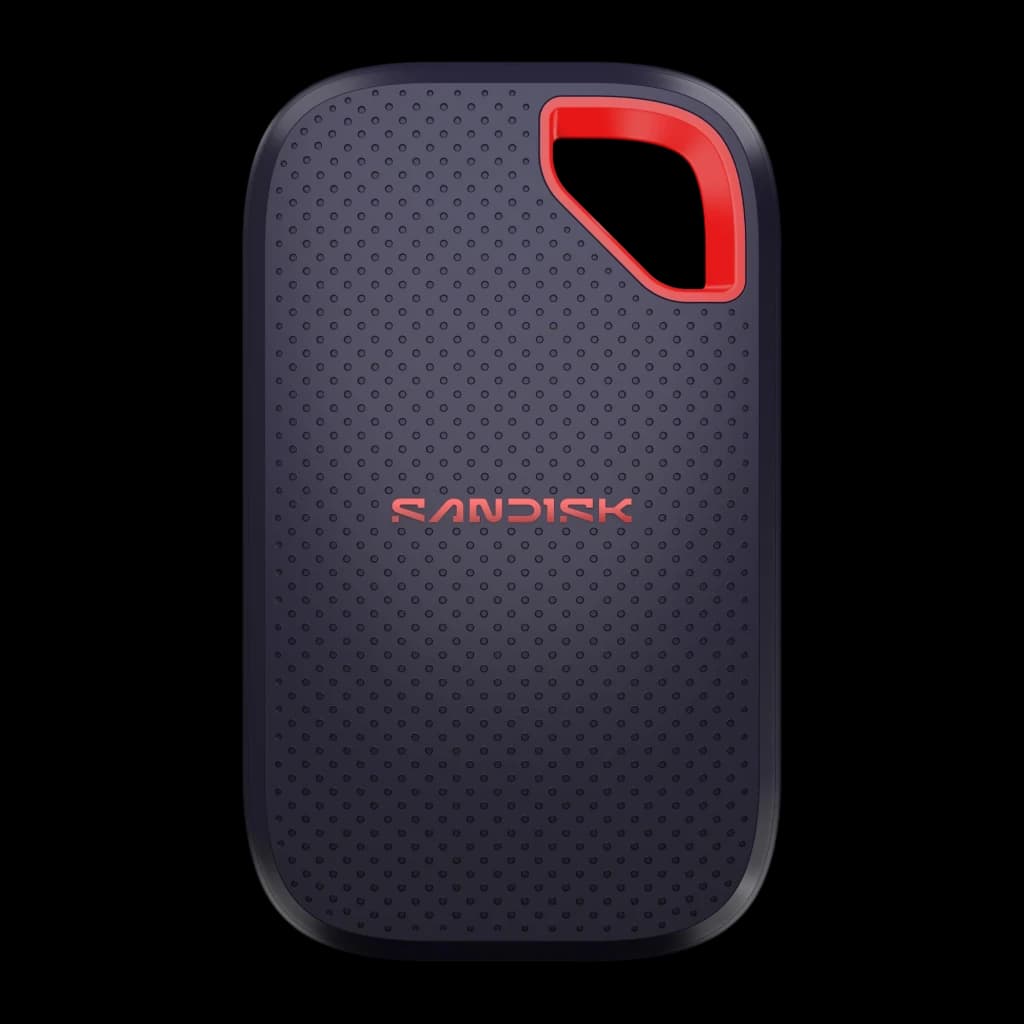 SanDisk Extreme Portable V3 SSD 2TB azul, vista frontal: superfície texturizada com logótipo vermelho e alça vermelha