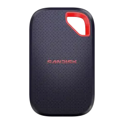 SanDisk Extreme Portable V3 SSD 2TB azul, vista frontal: superfície texturizada com logótipo vermelho e alça vermelha