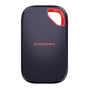 SanDisk Extreme Portable V3 SSD 2TB azul, vista frontal: superficie texturizada con logo rojo y asa roja superior