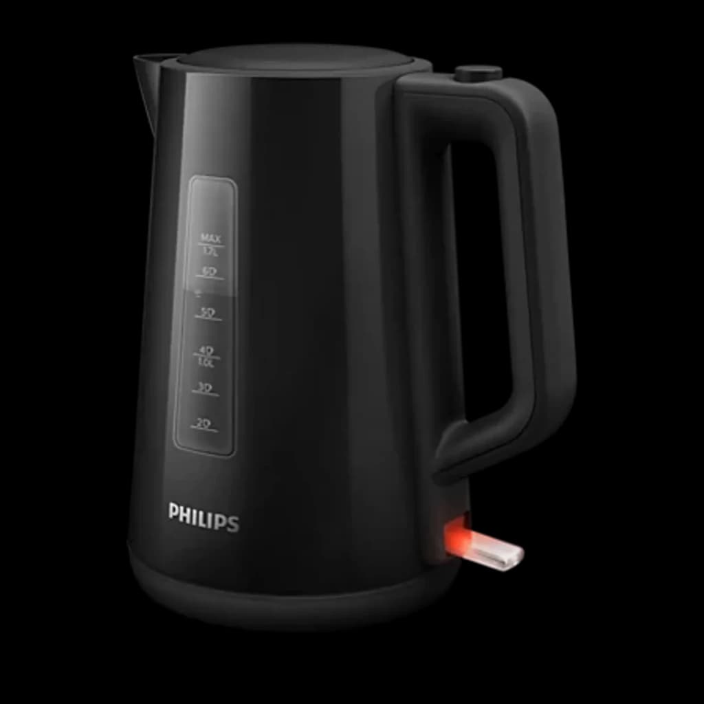 Philips Bouilloire HD9318/20 1,7L Noir, vue latérale: indicateur de niveau avec échelle et lumière rouge sur l'interrupteur