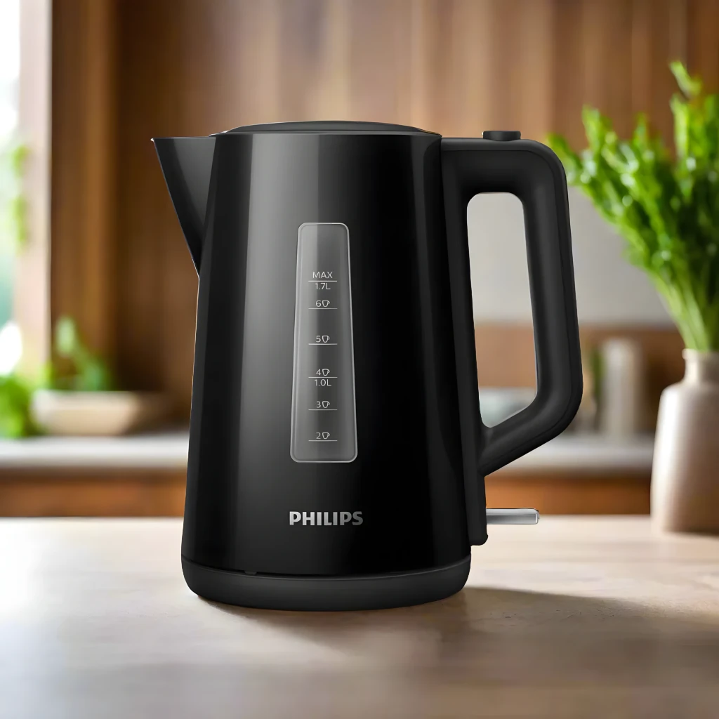 Philips Bouilloire HD9318/20 1,7L Noir, vue latérale: indicateur de niveau avec échelle et lumière rouge sur l'interrupteur - Ítem2