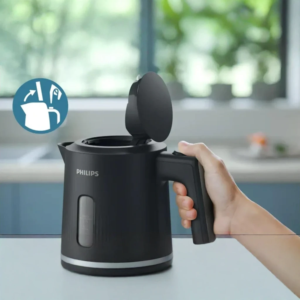 Philips Bouilloire HD9318/20 1,7L Noir, vue latérale: indicateur de niveau avec échelle et lumière rouge sur l'interrupteur - Ítem3