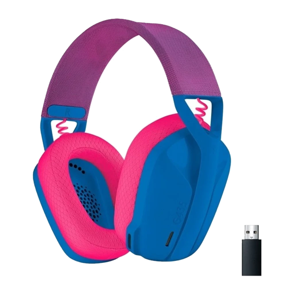 Logitech Casque G435 Lightspeed Wireless Bleu, vue de face 3/4: arceau violet, coussinets roses et coque bleue avec logo - Ítem1