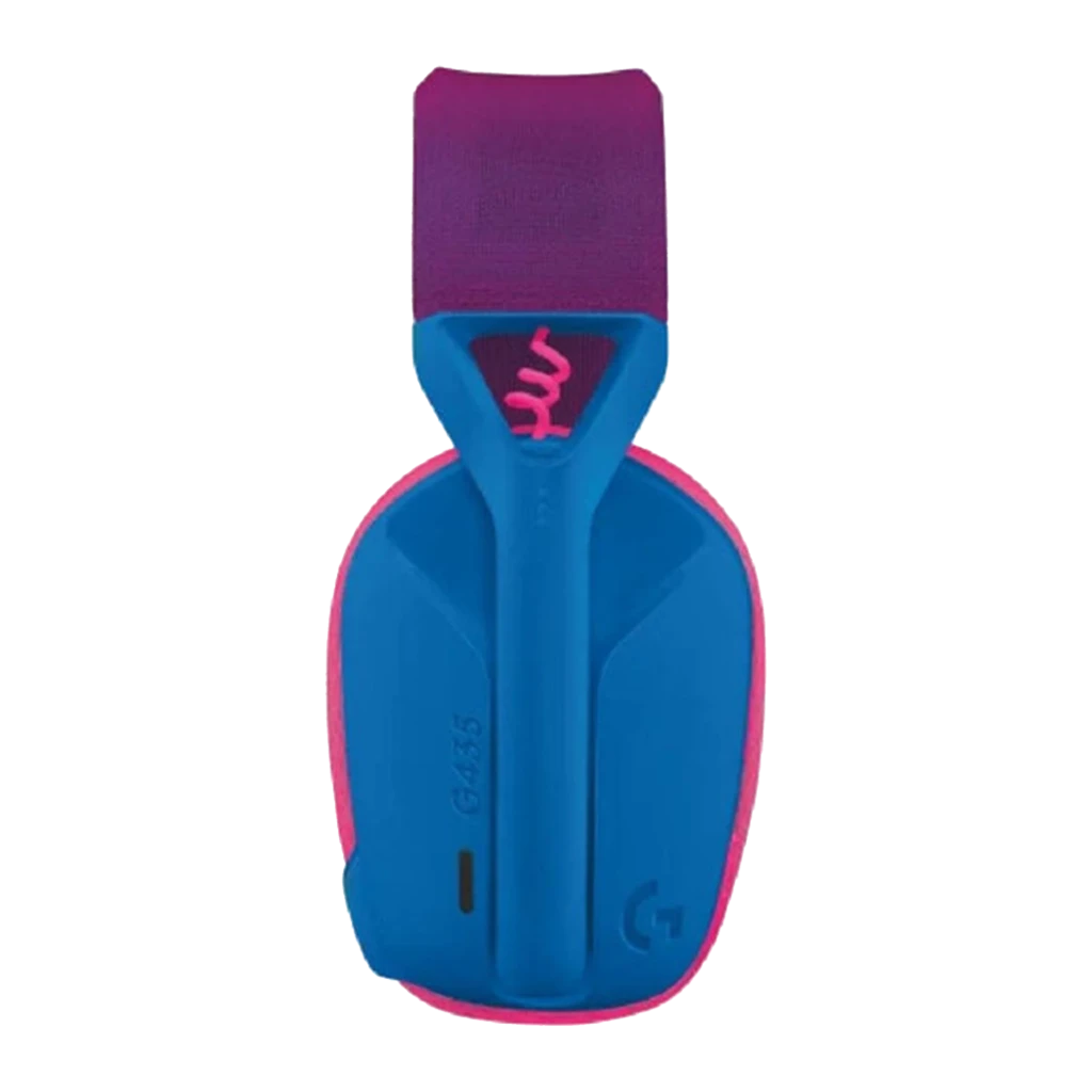 Logitech Casque G435 Lightspeed Wireless Bleu, vue de face 3/4: arceau violet, coussinets roses et coque bleue avec logo - Ítem2