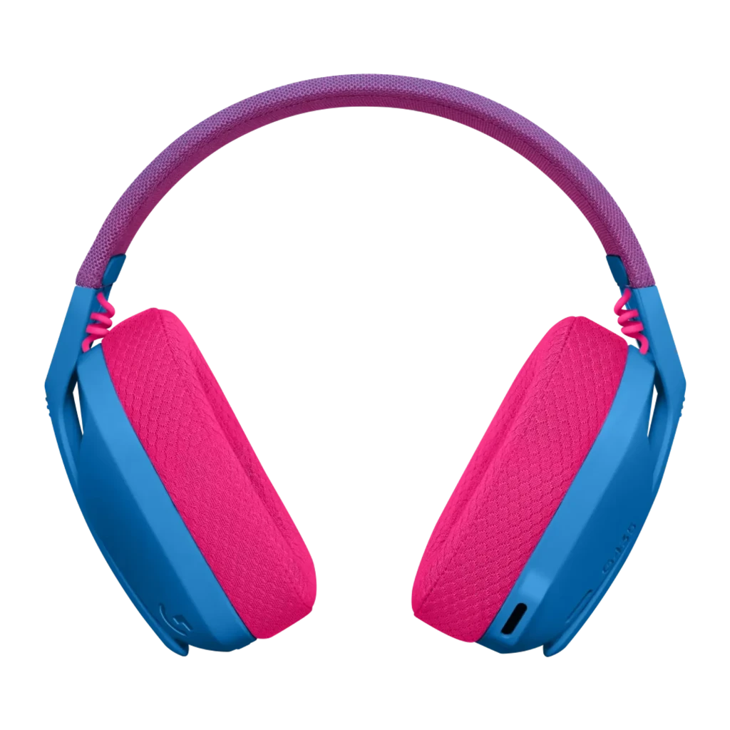 Logitech Casque G435 Lightspeed Wireless Bleu, vue de face 3/4: arceau violet, coussinets roses et coque bleue avec logo - Ítem3