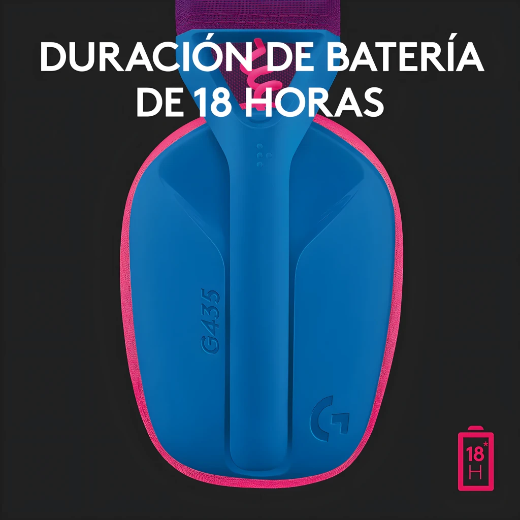 Logitech Casque G435 Lightspeed Wireless Bleu, vue de face 3/4: arceau violet, coussinets roses et coque bleue avec logo - Ítem6