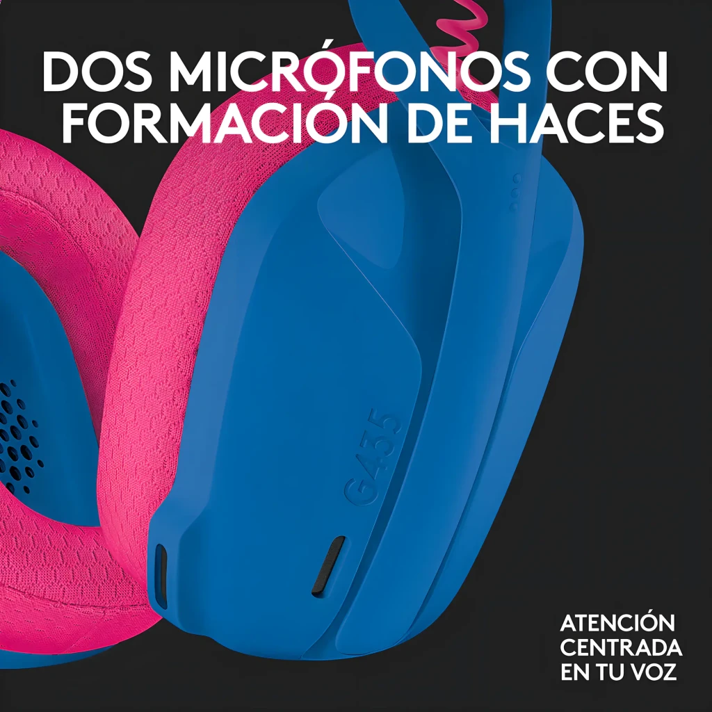 Logitech Casque G435 Lightspeed Wireless Bleu, vue de face 3/4: arceau violet, coussinets roses et coque bleue avec logo - Ítem5