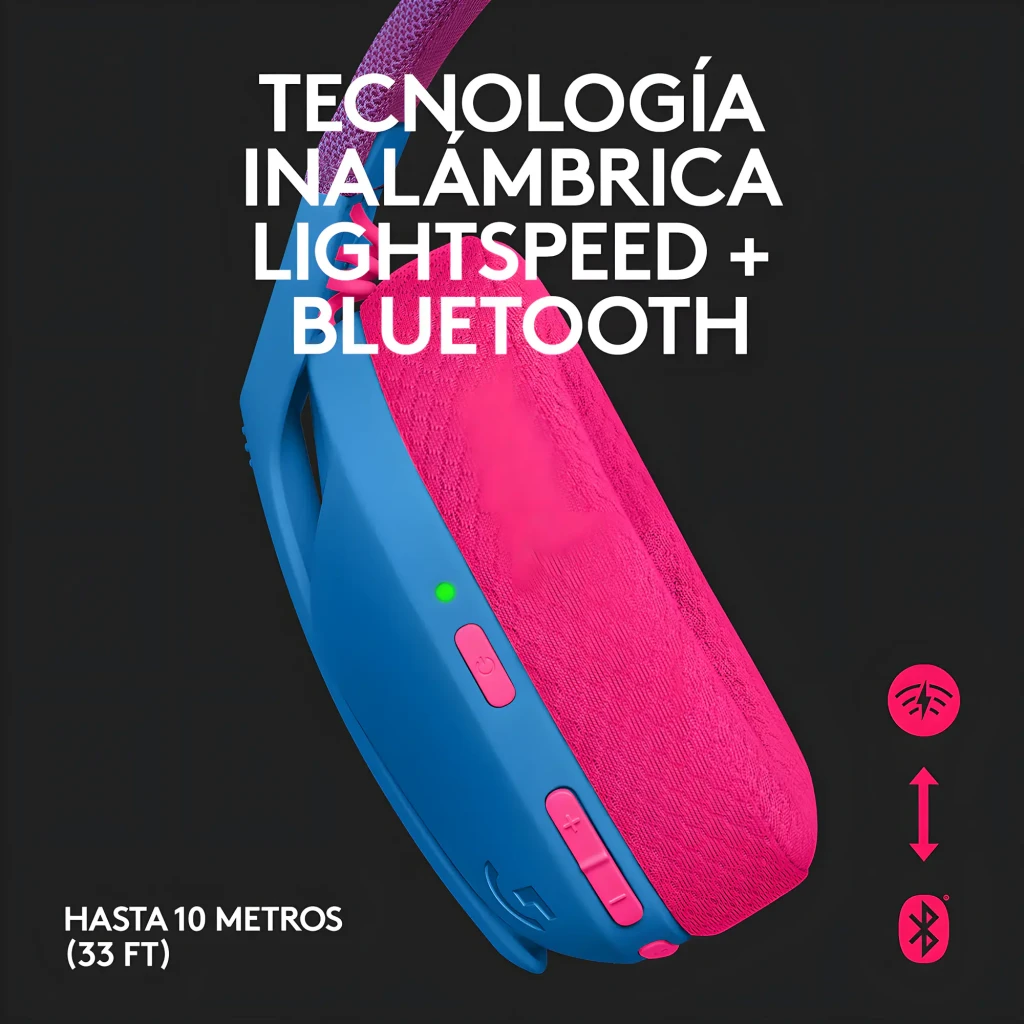 Logitech Casque G435 Lightspeed Wireless Bleu, vue de face 3/4: arceau violet, coussinets roses et coque bleue avec logo - Ítem4