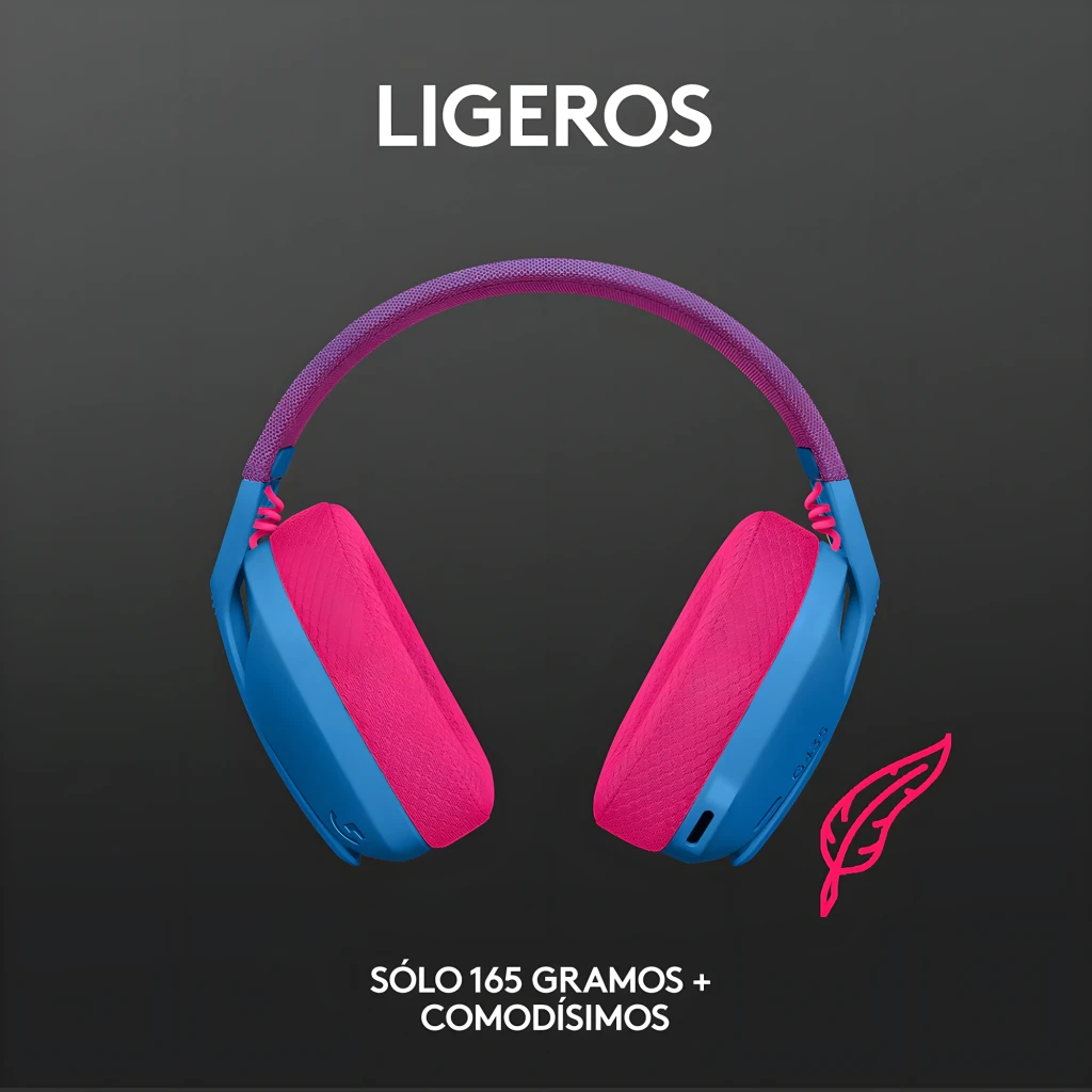 Logitech Casque G435 Lightspeed Wireless Bleu, vue de face 3/4: arceau violet, coussinets roses et coque bleue avec logo - Ítem7