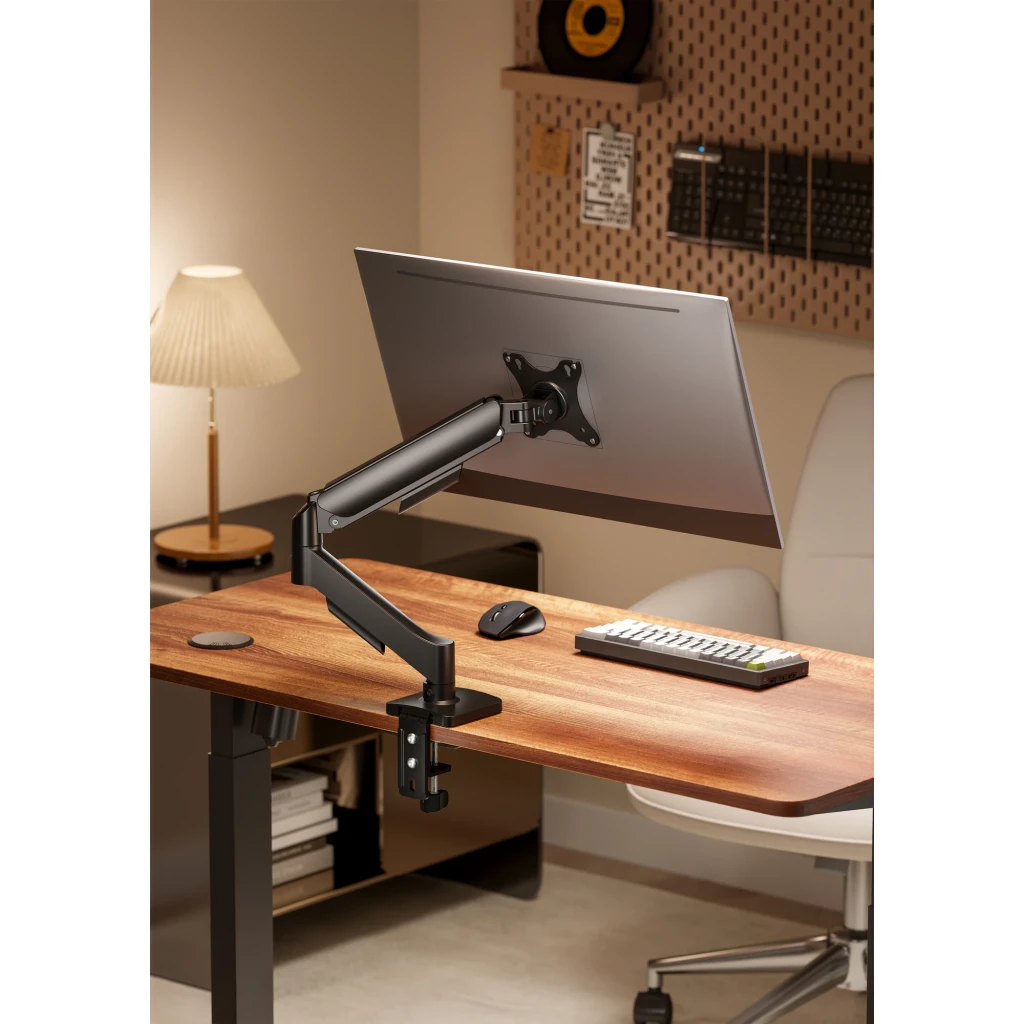 iggual Support moniteur pince SPMP01-A 17-32 noir, vue latérale gauche: bras articulé, platine VESA et pince de bureau - Ítem2