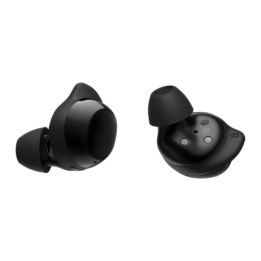 Samsung Galaxy Buds Core noir, vue avant et arrière: les deux écouteurs montrant l'extérieur brillant et l'intérieur avec