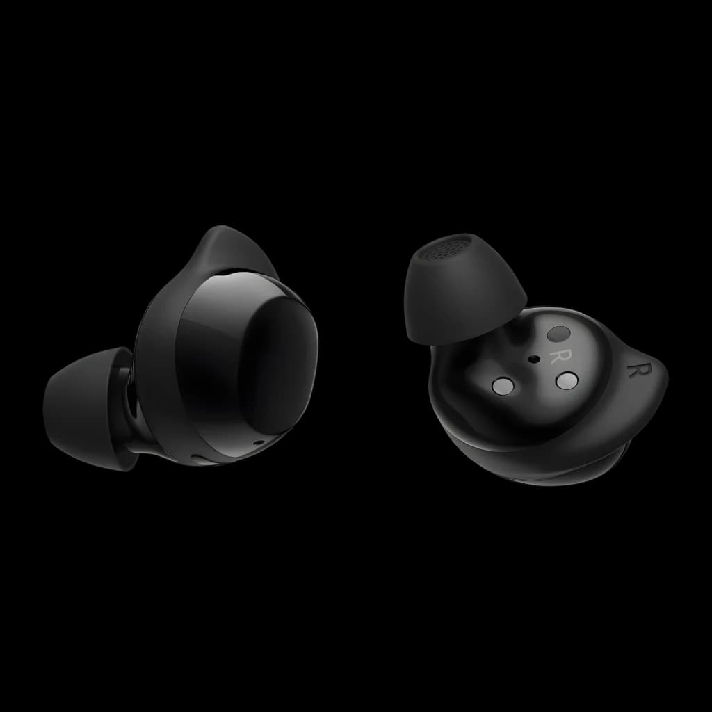 Samsung Galaxy Buds Core negro, vista frontal y trasera: ambos auriculares mostrando exterior brillante e interior con