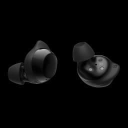Samsung Galaxy Buds Core negro, vista frontal y trasera: ambos auriculares mostrando exterior brillante e interior con
