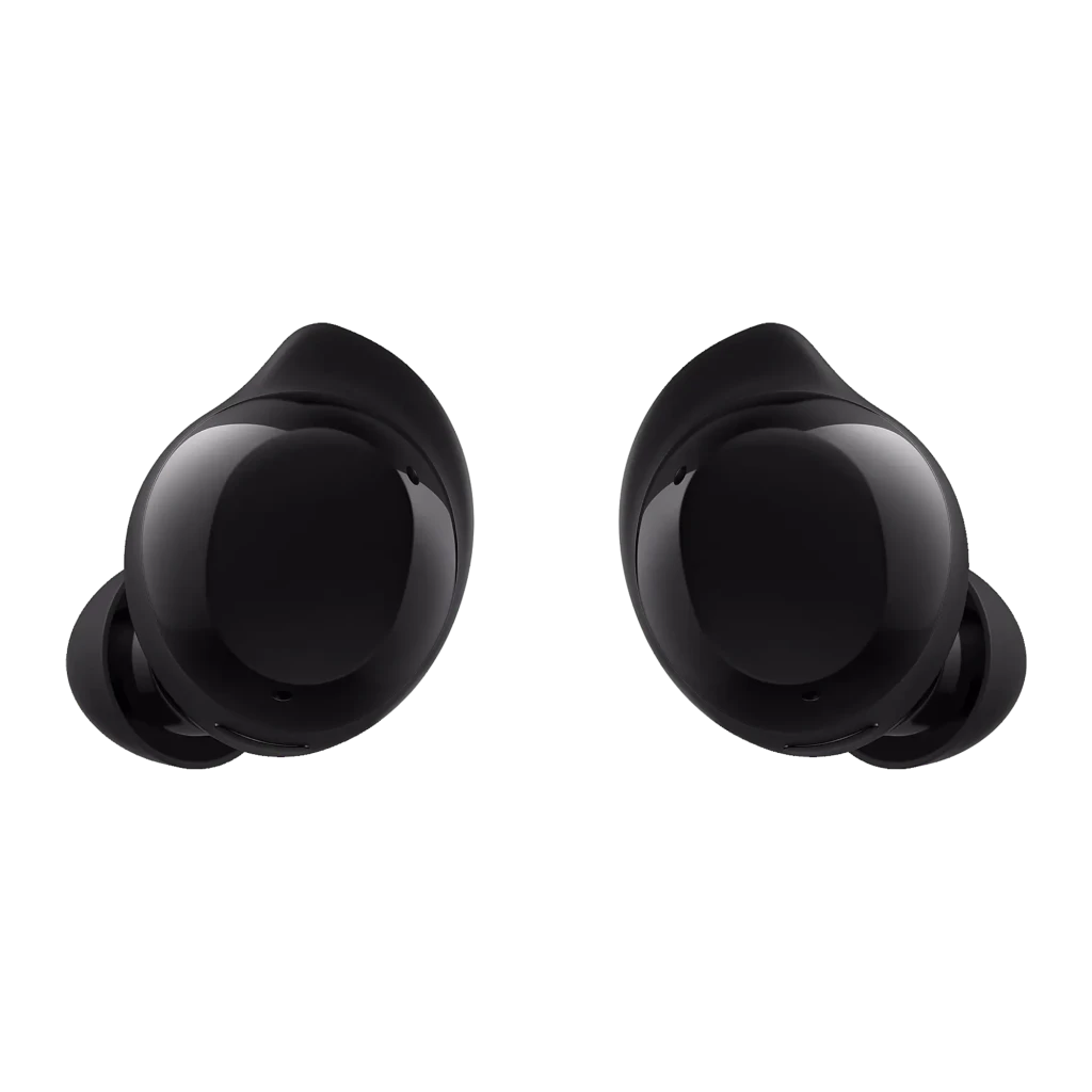 Samsung Galaxy Buds Core noir, vue de face: les deux écouteurs face à face, finition brillante et ailettes en silicone