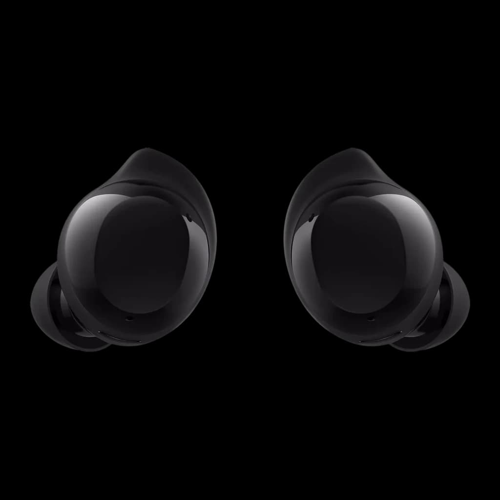 Samsung Galaxy Buds Core negro, vista frontal: ambos auriculares enfrentados, acabado brillante y aletas de silicona