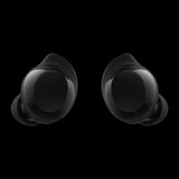 Samsung Galaxy Buds Core negro, vista frontal: ambos auriculares enfrentados, acabado brillante y aletas de silicona