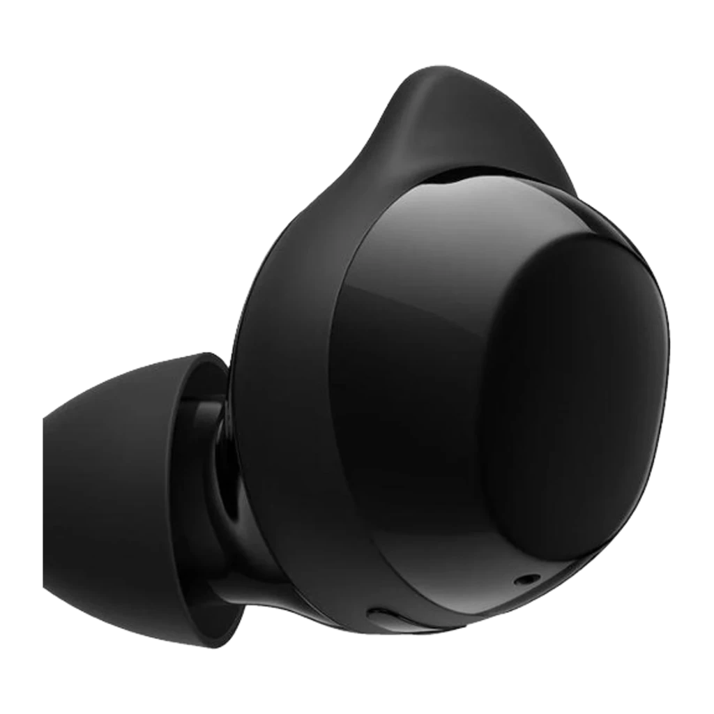 Samsung Galaxy Buds Core noir, vue latérale: écouteur seul avec corps sphérique brillant et ailette de maintien