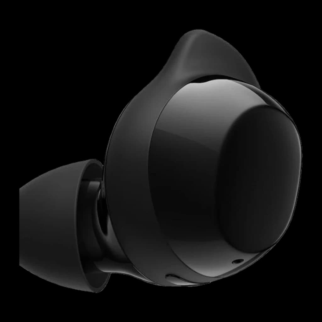Samsung Galaxy Buds Core negro, vista lateral: auricular individual mostrando cuerpo esférico brillante y aleta de sujeción