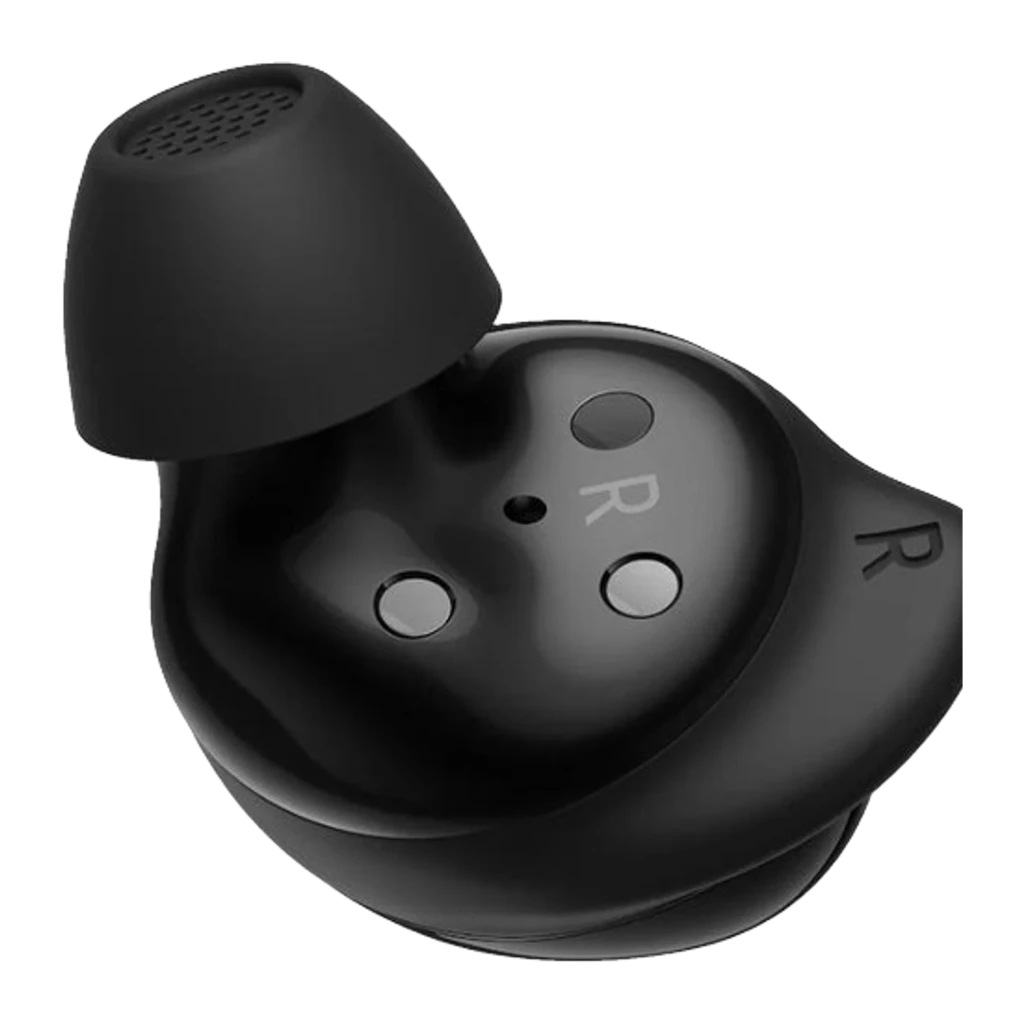 Samsung Galaxy Buds Core noir, vue du dessous: écouteur droit avec contacts de charge, microphone et marquage R visible