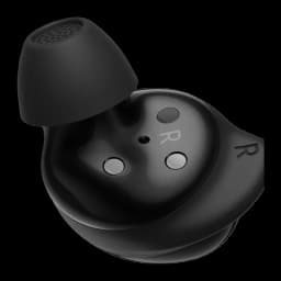 Samsung Galaxy Buds Core negro, vista inferior: auricular derecho con contactos de carga, micrófono y letra R visible