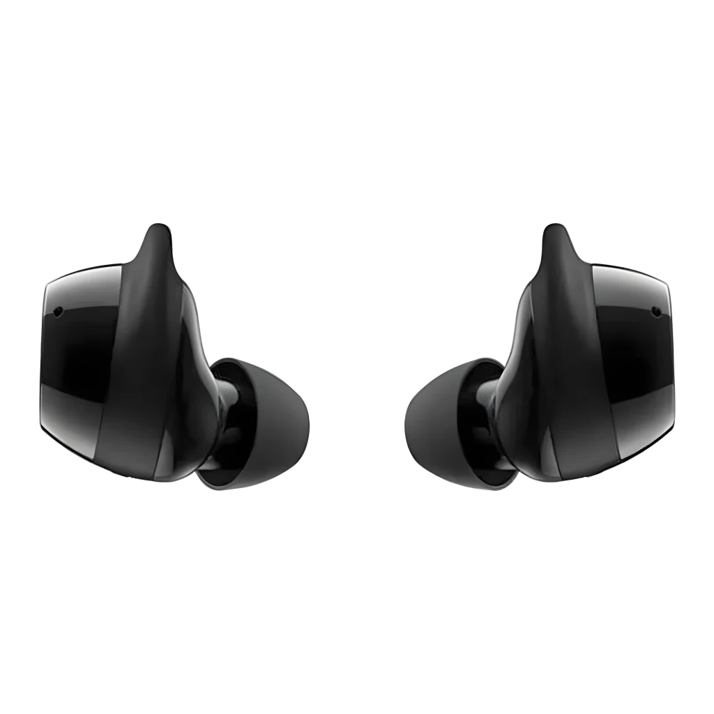 Samsung Galaxy Buds Core noir, vue de face: les deux écouteurs face à face montrant embouts et corps brillant