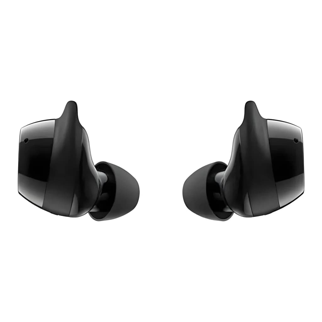 Samsung Galaxy Buds Core negro, vista frontal: ambos auriculares enfrentados mostrando almohadillas y cuerpo brillante