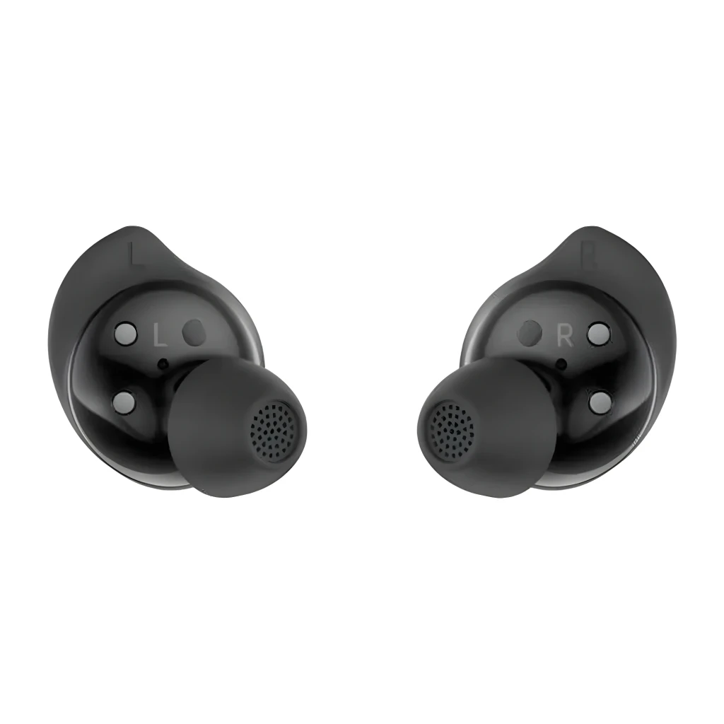Samsung Galaxy Buds Core noir, vue de face: écouteurs gauche et droit avec marquages L et R visibles et grille du