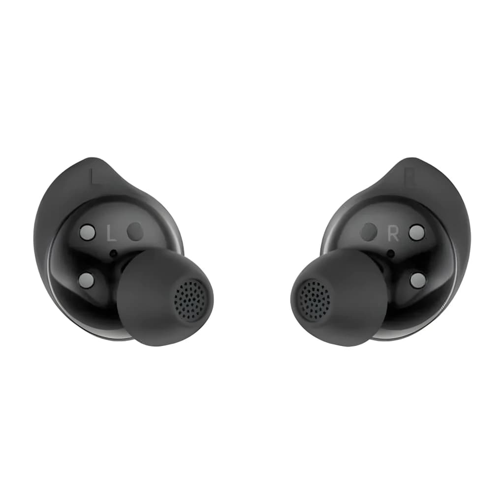 Samsung Galaxy Buds Core negro, vista frontal: auriculares izquierdo y derecho con marcas L y R visibles y rejilla de altavoz