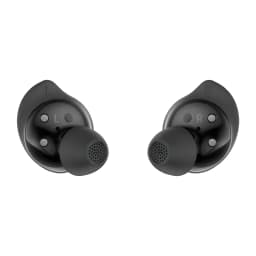 Samsung Galaxy Buds Core negro, vista frontal: auriculares izquierdo y derecho con marcas L y R visibles y rejilla de altavoz