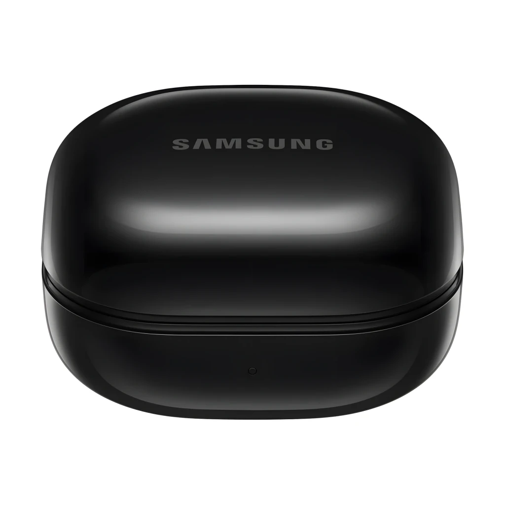 Samsung Galaxy Buds Core noir, vue du dessus: étui de charge fermé avec logo Samsung et finition brillante